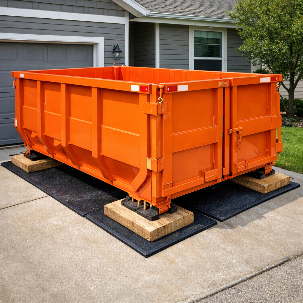 Driveway safe dumpster rental Kansas City roll off container placed on residential driveway with protection boards
